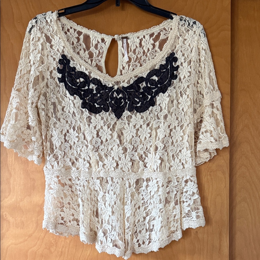 Free People Lace Peplum Blouse - Cream and Black